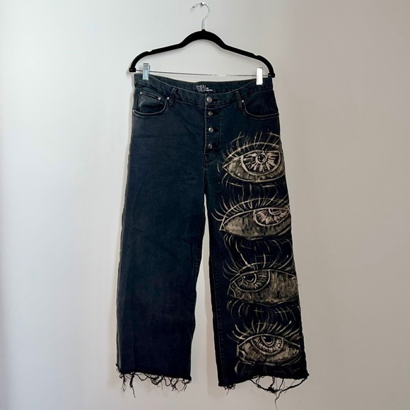 Malocchio Collection - Black Wide Leg Jean with Bleached Eye Designs - Picture 1 of 5